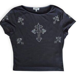 Rhinestone Cross Y2k Grunge Punk Sheer Grey Baby Tee Women's Faded Rose  Sz-L